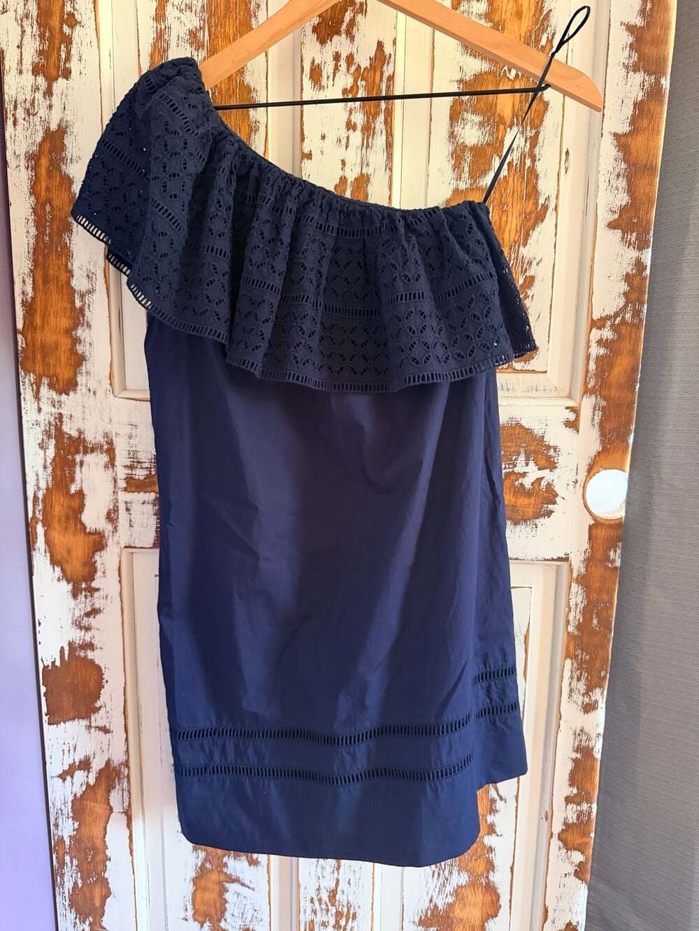 Abercrombie & Fitch Navy Blue One Shoulder Eyelet Ruffle Mini Dress Coastal Chic